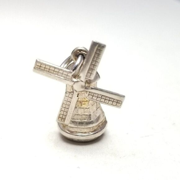 Vintage Windmill Charm Pendant, Silver Tone Unmarked Hollow, Moving Parts - Picture 6 of 6